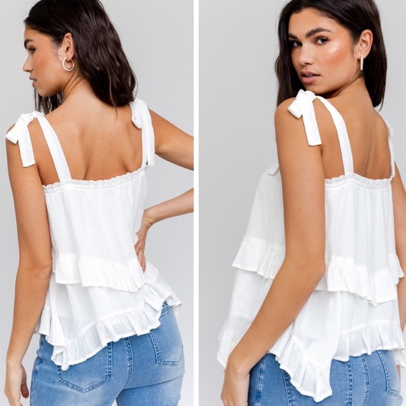 White Sleeveless Asymmetrical Hem Line Tiered Top - Picture 2 of 4